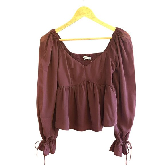 Abercrombie & Fitch Maroon Baby Doll Sheer Sleeve Blouse Small Smocked Back NWT - Picture 1 of 5